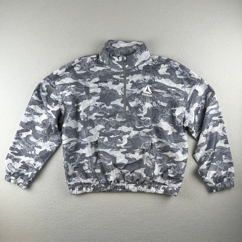 Reebok Windbreaker Womens Medium Grey Camo Snakeskin Quarter Zip Pullover REW221